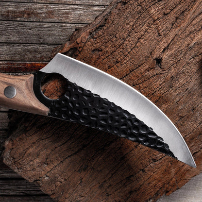 Versatile stainless steel scimitar knife with retro-inspired design, suitable for cutting and deboning meats and poultry