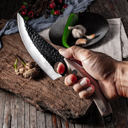 Versatile stainless steel scimitar knife with retro-inspired design, suitable for cutting and deboning meats and poultry