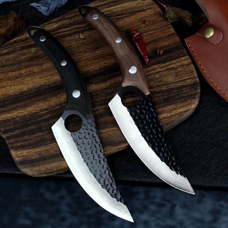 Versatile stainless steel scimitar knife with retro-inspired design, suitable for cutting and deboning meats and poultry
