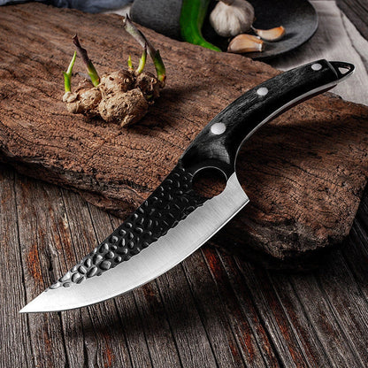 Versatile stainless steel scimitar knife with retro-inspired design, suitable for cutting and deboning meats and poultry