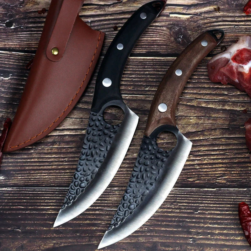 Versatile stainless steel scimitar knife with retro-inspired design, suitable for cutting and deboning meats and poultry