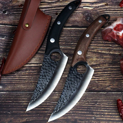 Versatile stainless steel scimitar knife with retro-inspired design, suitable for cutting and deboning meats and poultry