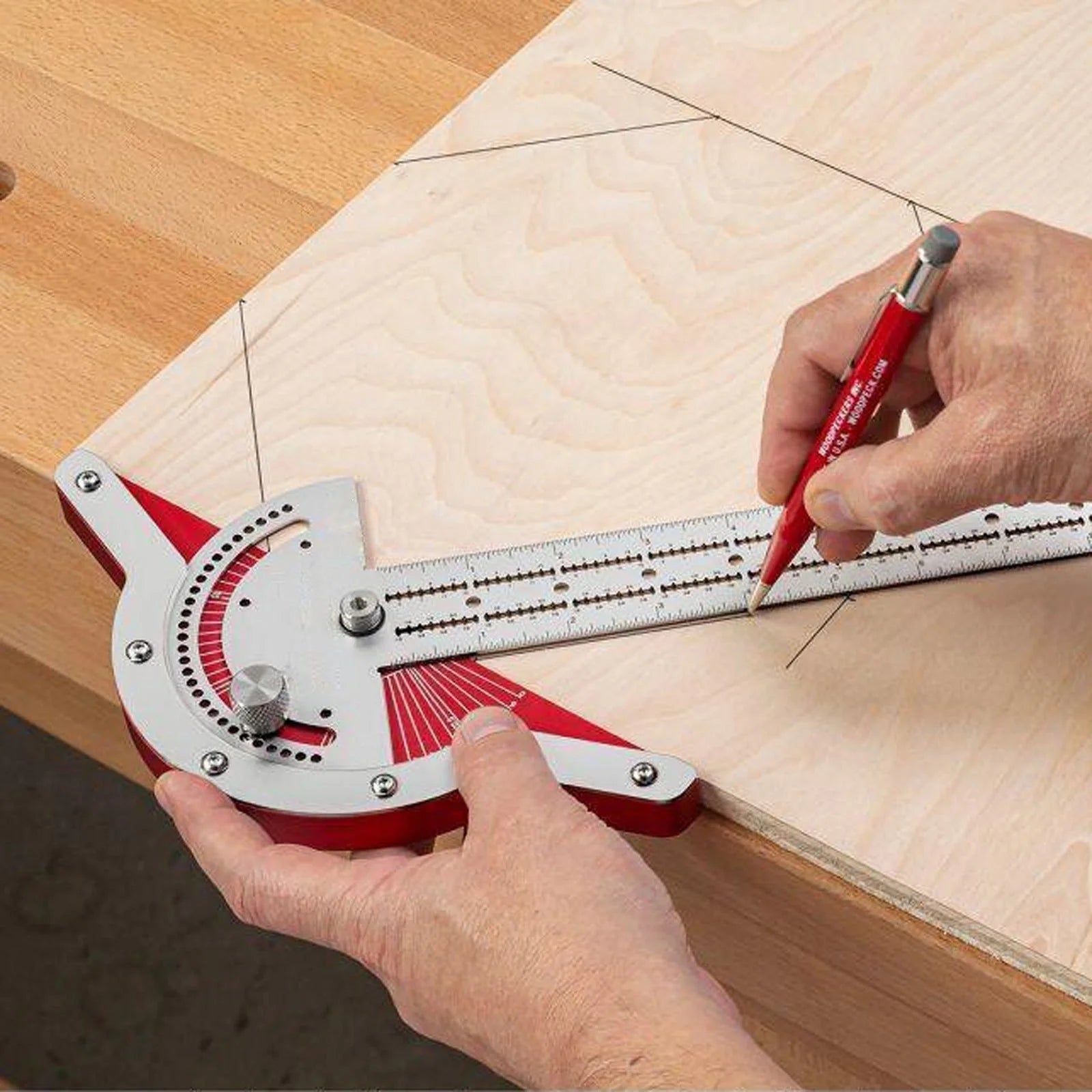Precision woodworking angle protractor ruler with adjustable head and laser-engraved scales