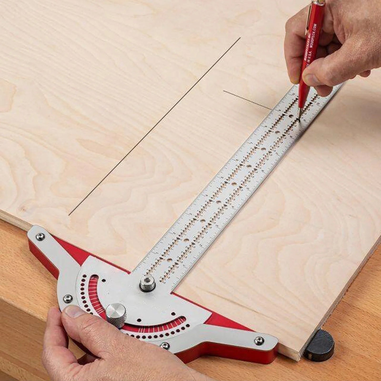 Precision woodworking angle protractor ruler with adjustable head and laser-engraved scales