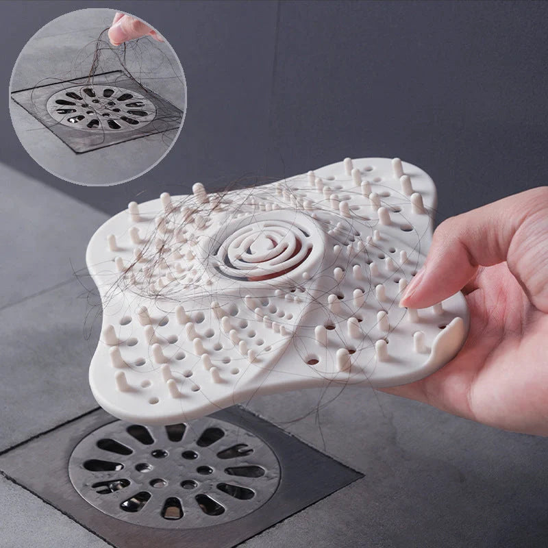 TPR silicone hair filter for sinks and bathtubs, available in black, white, and blue