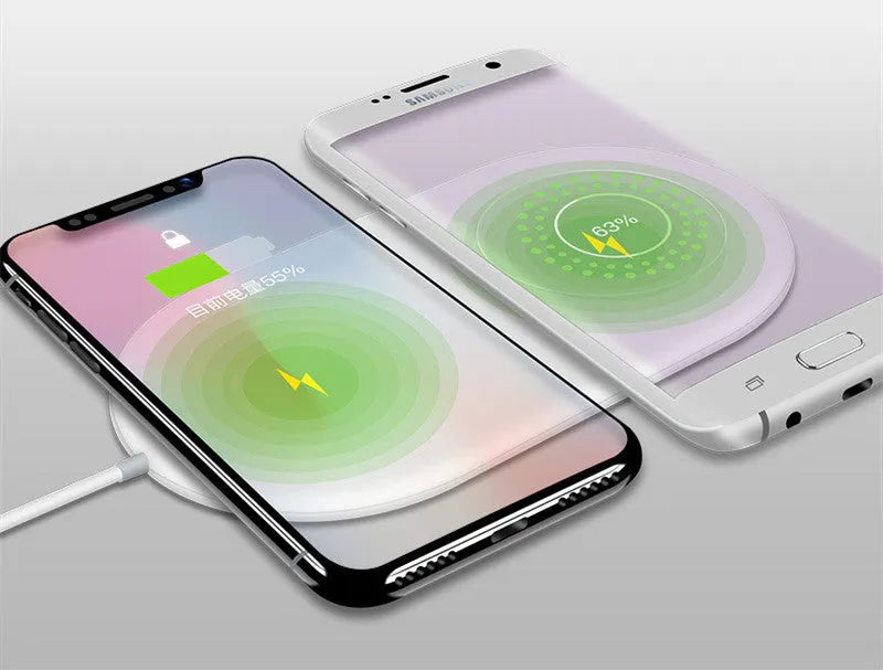 Mobile phone wireless charger with dual-charge base for two devices, fast wireless charging pad, white colour wireless phone charging station for bedside table or desk