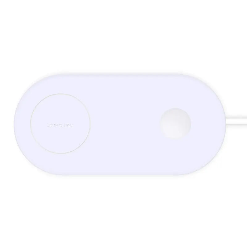 White dual wireless fast charging pad for two mobile phones on a wooden desk.