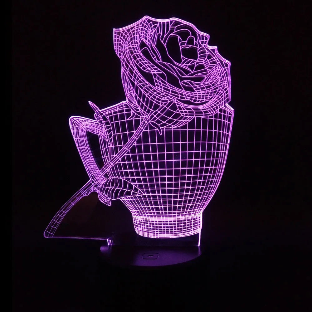 3D rose-shaped night light showing multiple colour options with remote control and USB cable