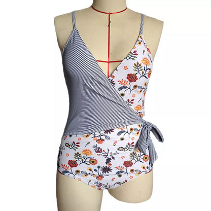 Maternity striped sling one piece swimwear with chest pad in khaki