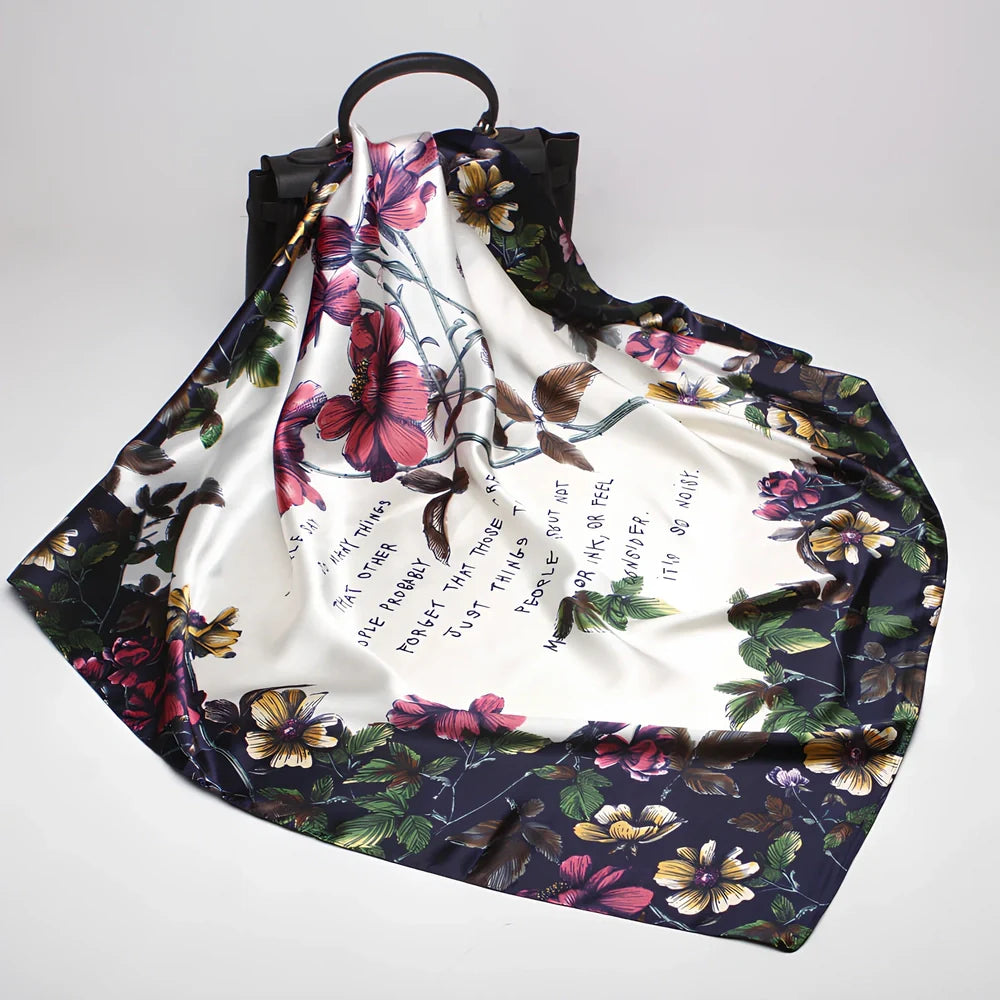 Square silk scarf with satin weave showing carriage chain pattern, measuring 90cm by 90cm