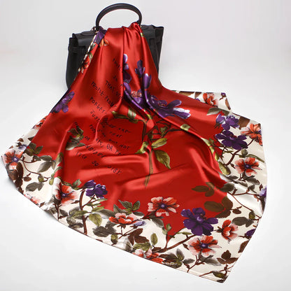 Square silk scarf with satin weave showing carriage chain pattern, measuring 90cm by 90cm