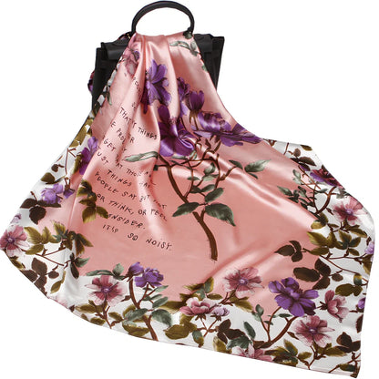 Square silk scarf with satin weave showing carriage chain pattern, measuring 90cm by 90cm