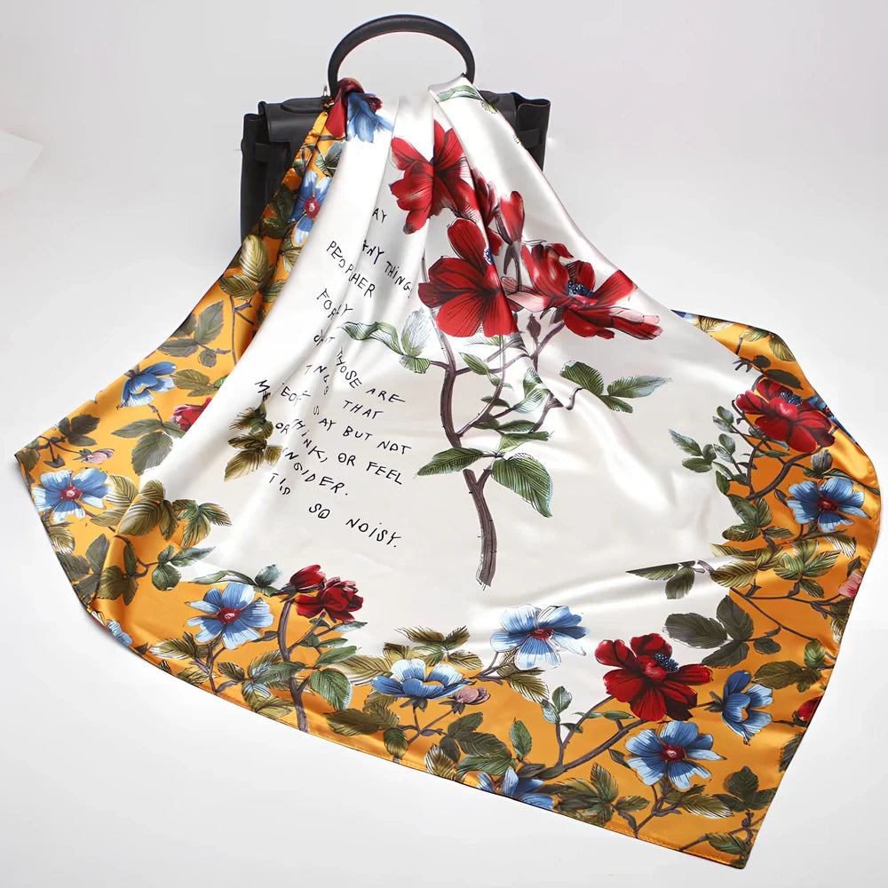 Square silk scarf with satin weave showing carriage chain pattern, measuring 90cm by 90cm