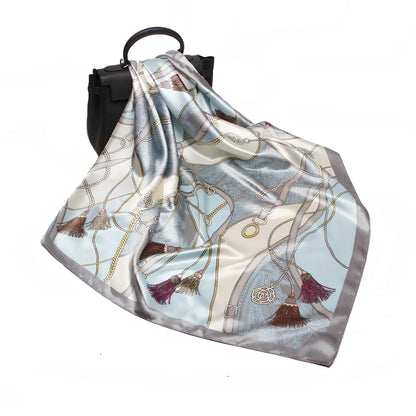 Square silk scarf with satin weave showing carriage chain pattern, measuring 90cm by 90cm