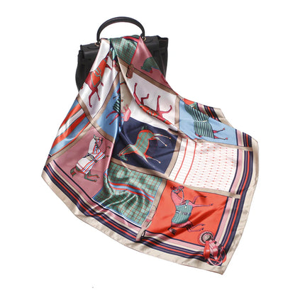 Square silk scarf with satin weave showing carriage chain pattern, measuring 90cm by 90cm