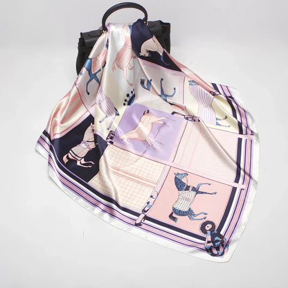 Square silk scarf with satin weave showing carriage chain pattern, measuring 90cm by 90cm