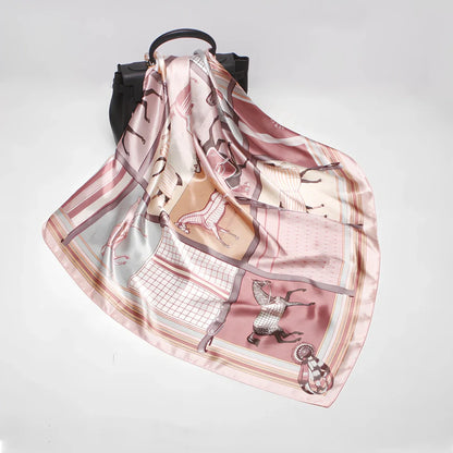 Square silk scarf with satin weave showing carriage chain pattern, measuring 90cm by 90cm