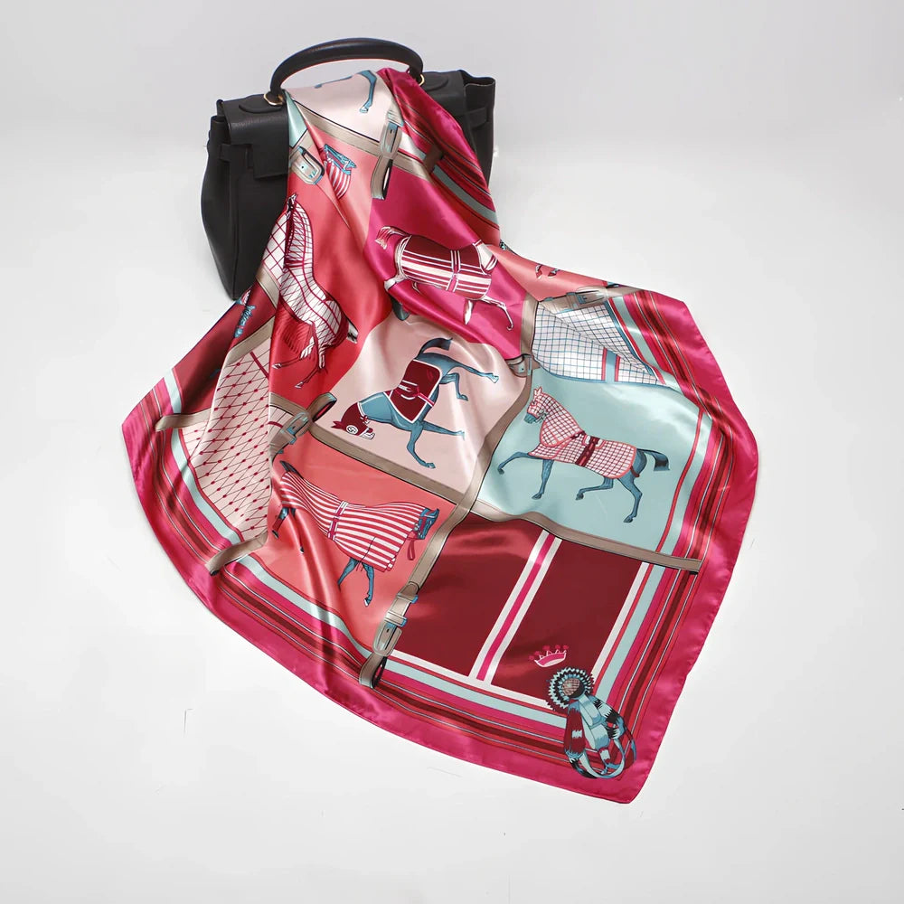 Square silk scarf with satin weave showing carriage chain pattern, measuring 90cm by 90cm