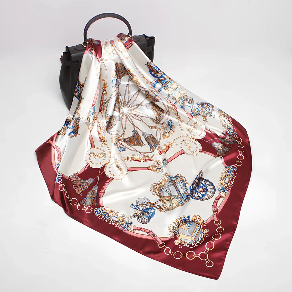 Square silk scarf with satin weave showing carriage chain pattern, measuring 90cm by 90cm