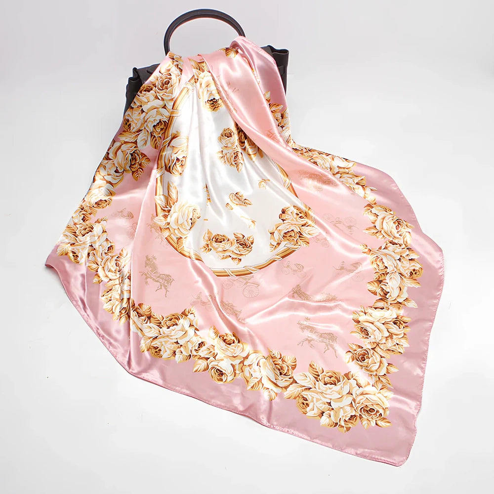 Square silk scarf with satin weave showing carriage chain pattern, measuring 90cm by 90cm