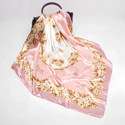 Square silk scarf with satin weave showing carriage chain pattern, measuring 90cm by 90cm