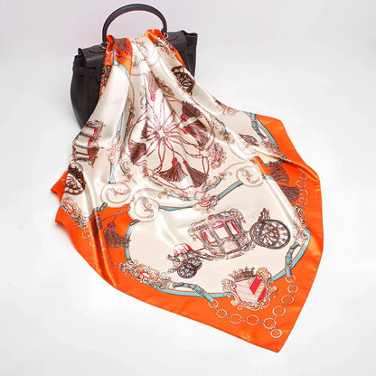 Square silk scarf with satin weave showing carriage chain pattern, measuring 90cm by 90cm