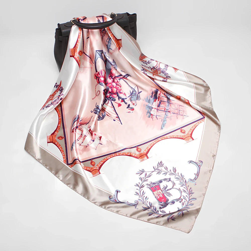 Square silk scarf with satin weave showing carriage chain pattern, measuring 90cm by 90cm