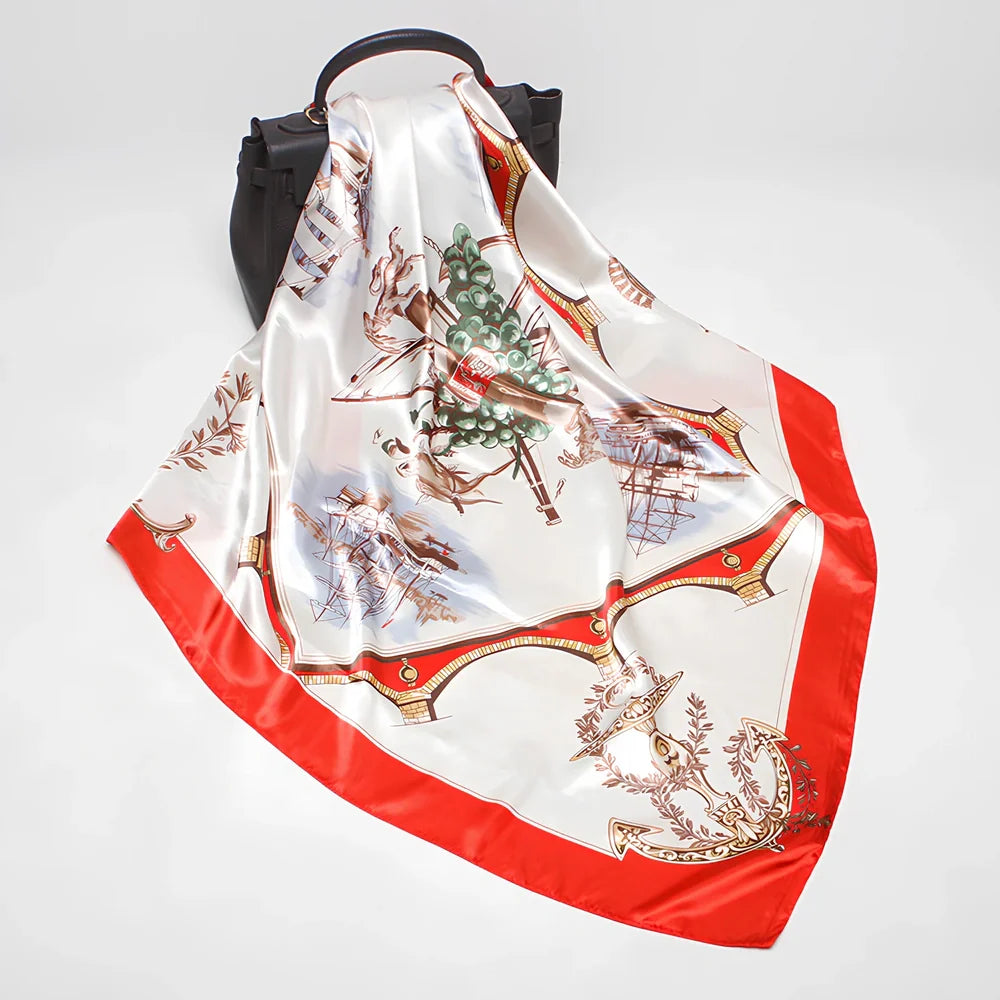 Square silk scarf with satin weave showing carriage chain pattern, measuring 90cm by 90cm