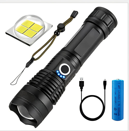 Strong light rechargeable flashlight with zoom display showing P50 wick colour and battery compartment