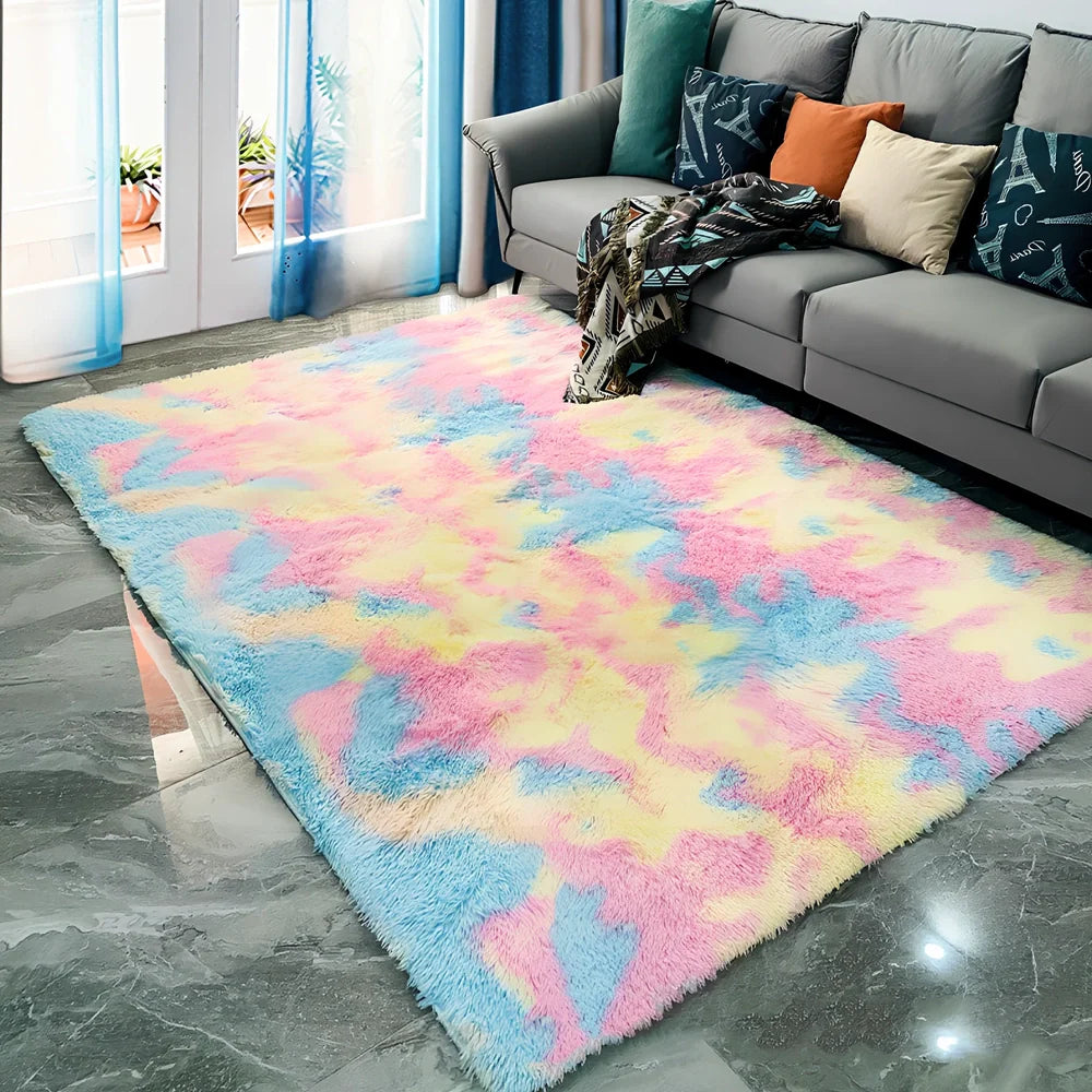 Rectangular polyester-cotton blend carpet in plain pattern with machine-woven texture