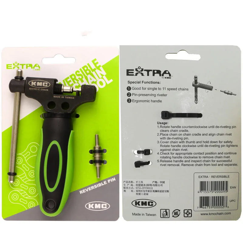 Green-handled steel bicycle chain tool with a double shaft chaining device on a white background.