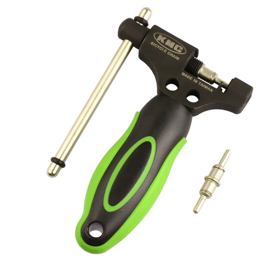 Green-handled steel bicycle chain tool with a double shaft chaining device on a white background.