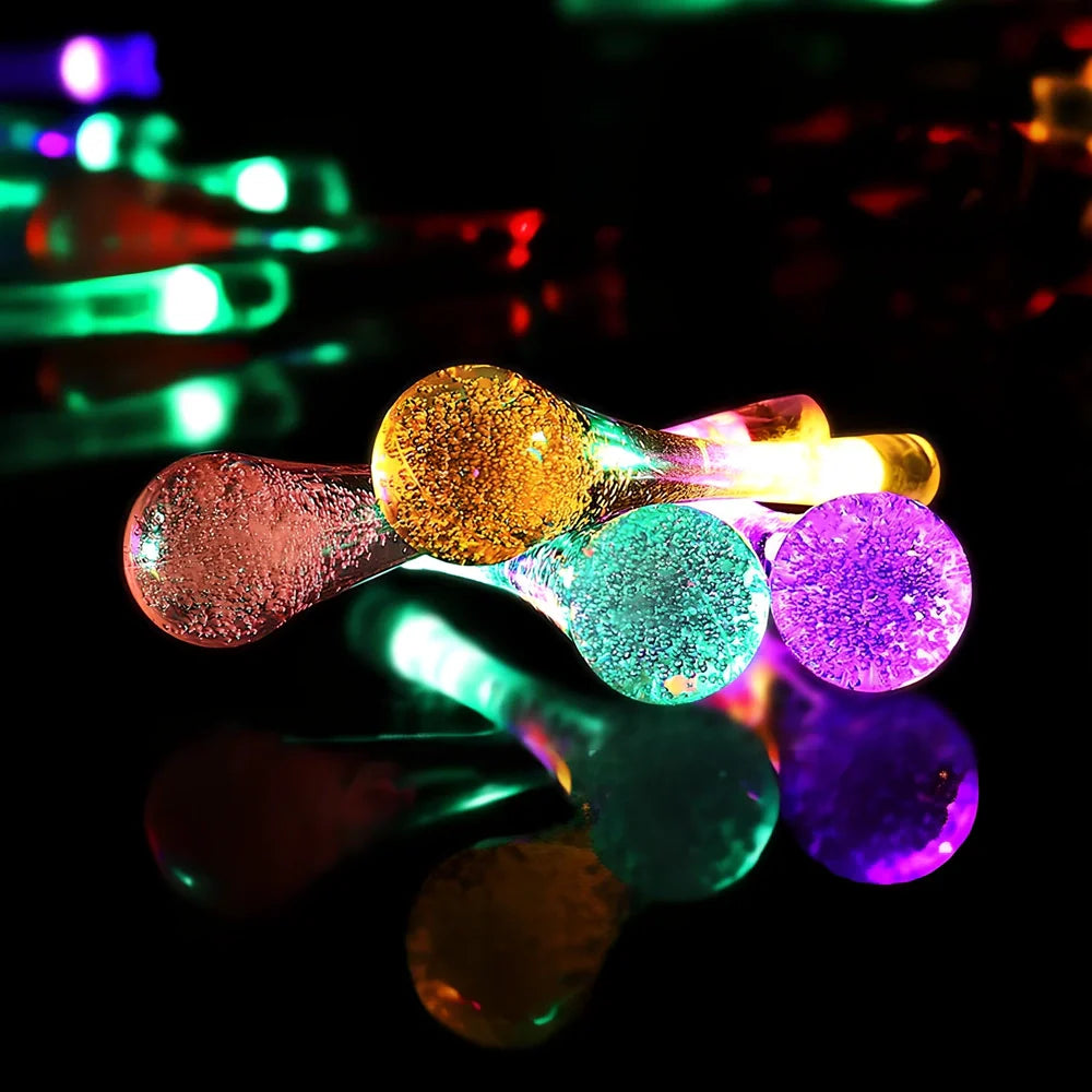 6.5m LED solar water drop string lights with 30 LEDs and waterproof pendants for garden use