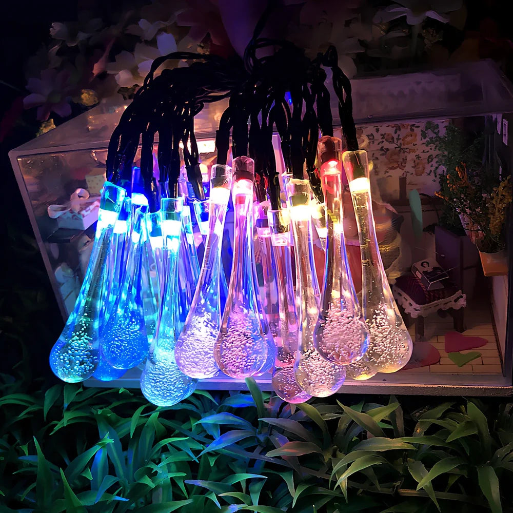 6.5m LED solar water drop string lights with 30 LEDs and waterproof pendants for garden use