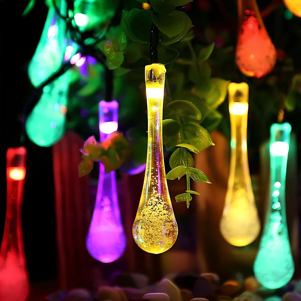 6.5m LED solar water drop string lights with 30 LEDs and waterproof pendants for garden use