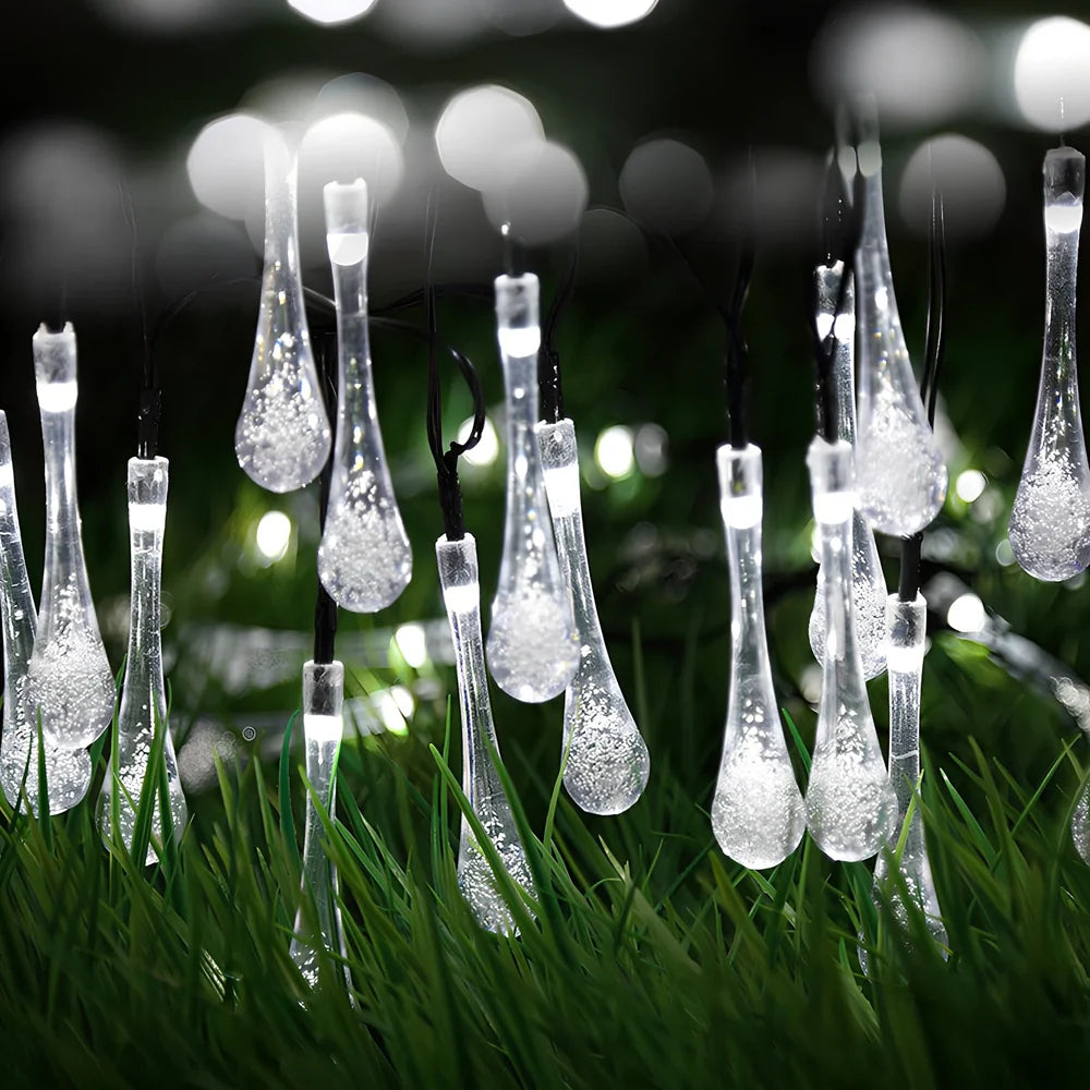 6.5m LED solar water drop string lights with 30 LEDs and waterproof pendants for garden use