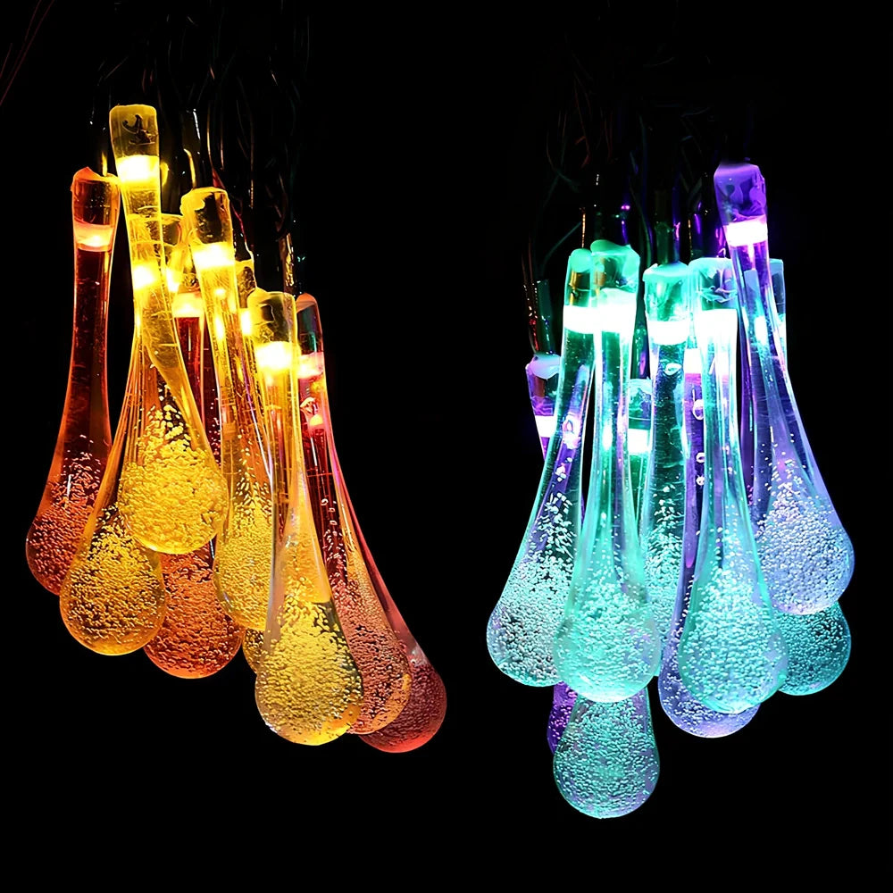 6.5m LED solar water drop string lights with 30 LEDs and waterproof pendants for garden use