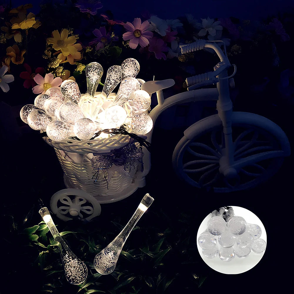 6.5m LED solar water drop string lights with 30 LEDs and waterproof pendants for garden use