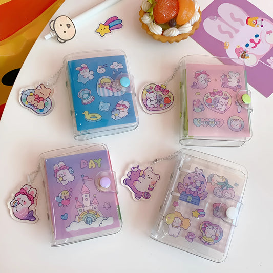 A5 spiral-bound notebook with decorative cover showing one of four styles: love bear, candy bear, star bunny, or rainbow castle design