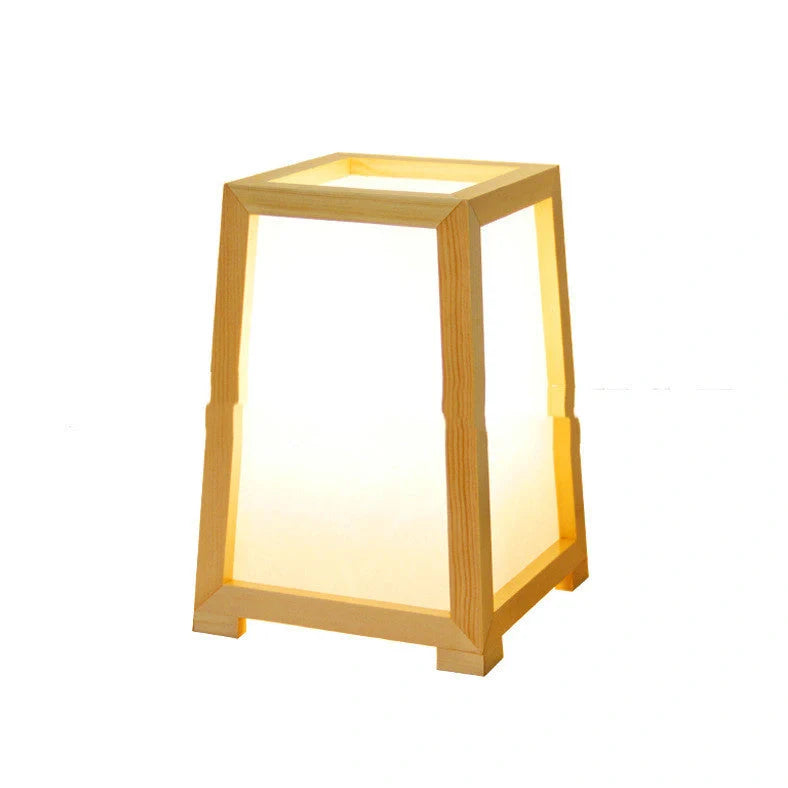 Bamboo wood table lamp with square base and dimmable LED lighting on wooden surface