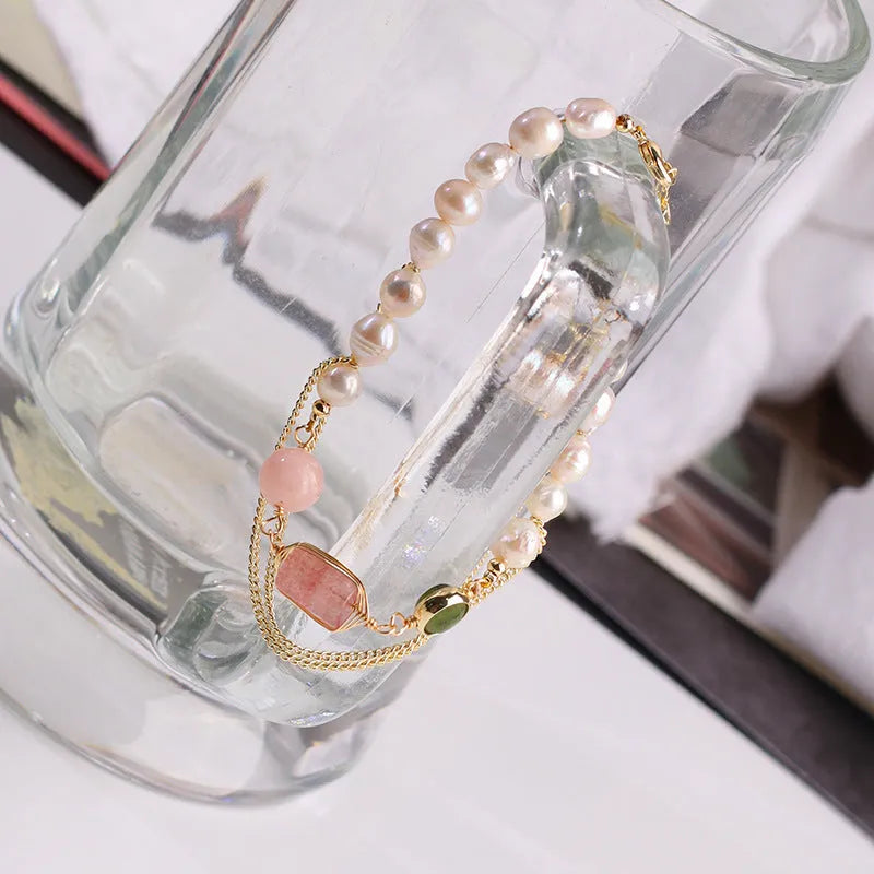 Women's geometric freshwater pearl bracelet with strawberry crystal accents in UG309 pink