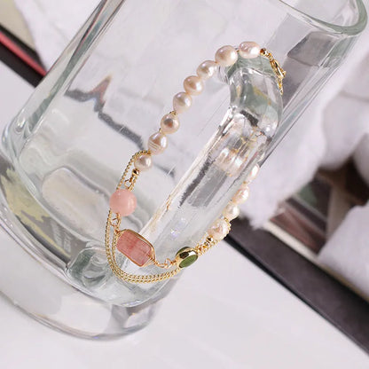 Women's geometric freshwater pearl bracelet with strawberry crystal accents in UG309 pink