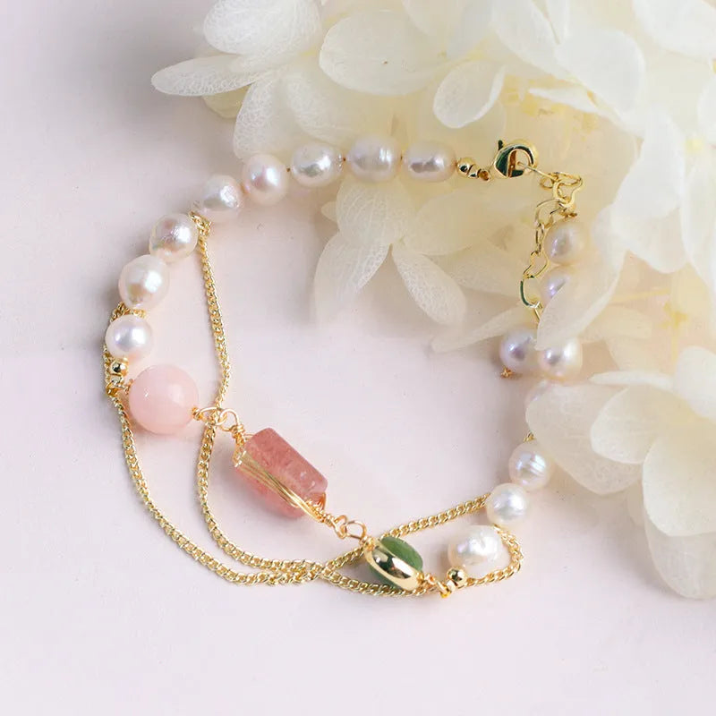 Women's geometric freshwater pearl bracelet with strawberry crystal accents in UG309 pink