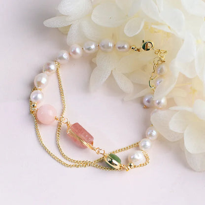 Women's geometric freshwater pearl bracelet with strawberry crystal accents in UG309 pink