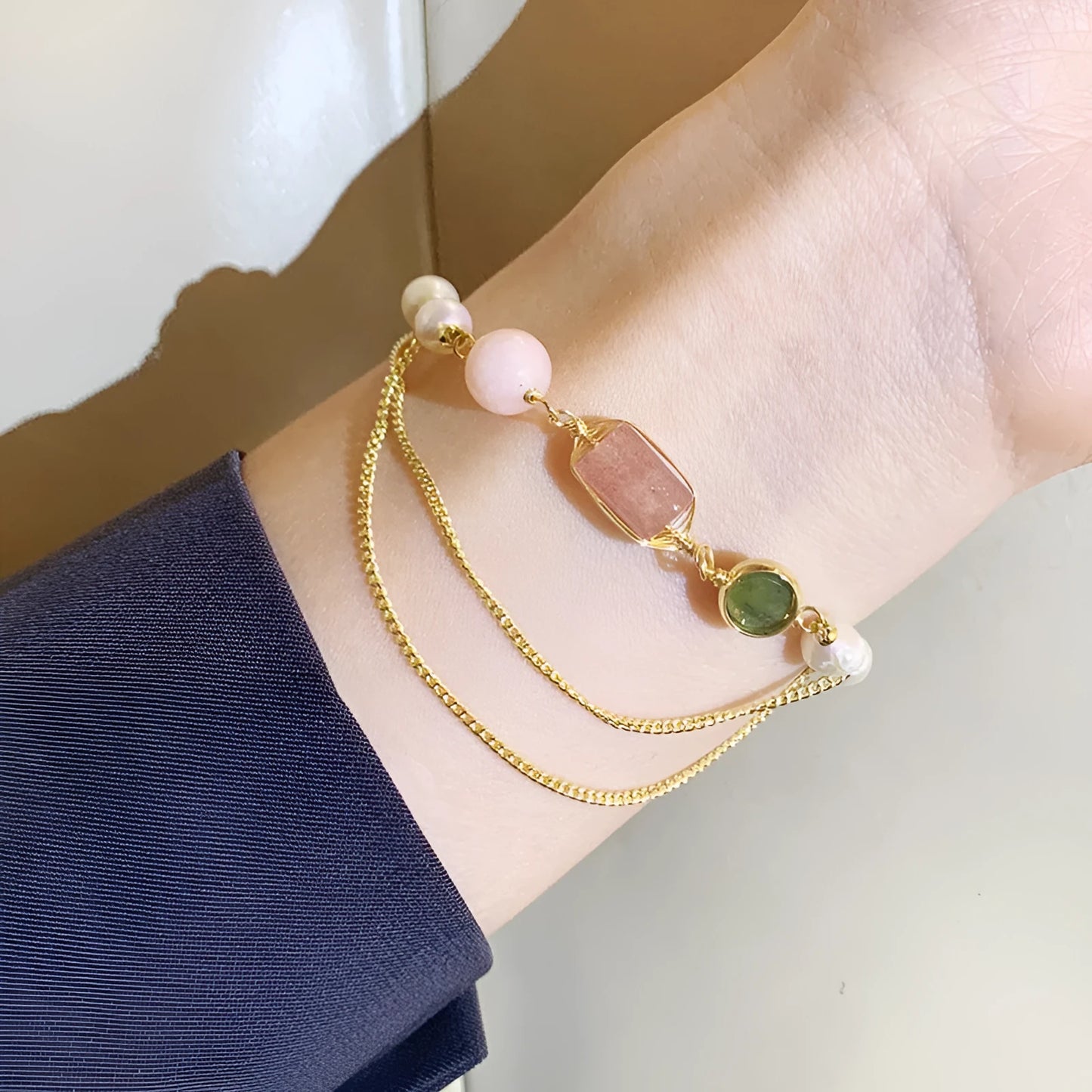 Women's geometric freshwater pearl bracelet with strawberry crystal accents in UG309 pink
