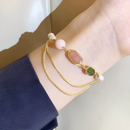 Women's geometric freshwater pearl bracelet with strawberry crystal accents in UG309 pink