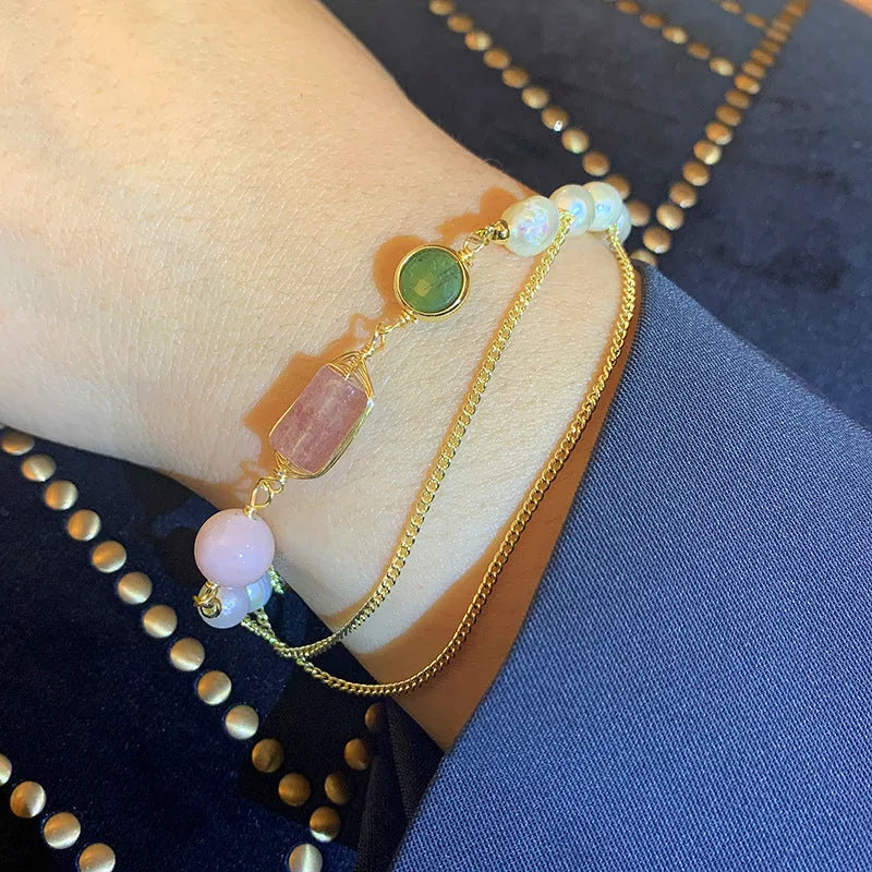 Women's geometric freshwater pearl bracelet with strawberry crystal accents in UG309 pink