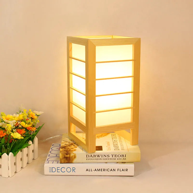 Simple solid wood bedside lamp with a natural bamboo wood base and a push-button switch on the cord.