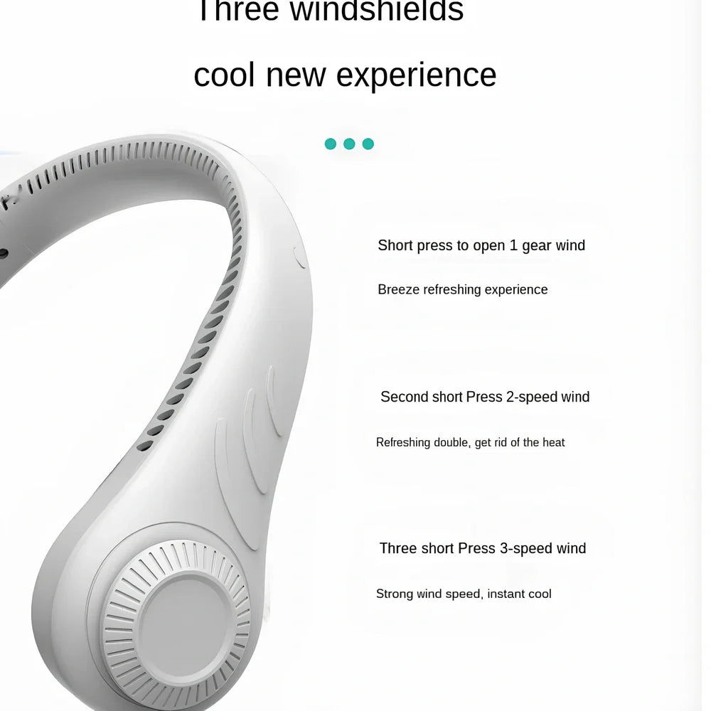 Green leafless neck fan showing 197mm length, blade-free design, and hanging configuration for hands-free cooling