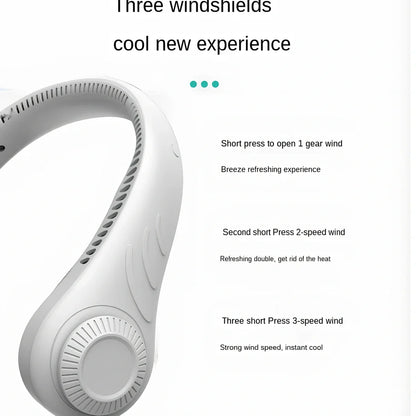 Green leafless neck fan showing 197mm length, blade-free design, and hanging configuration for hands-free cooling